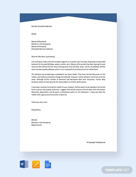free formal complaint letter against a person
