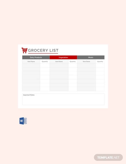 free grocery list template