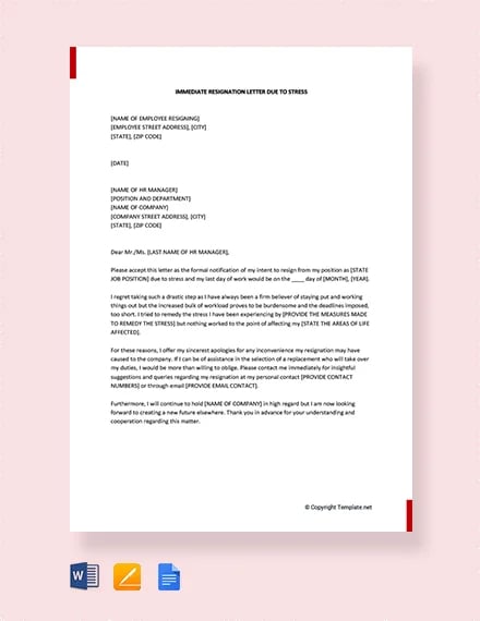 free immediate resignation letter due to stress