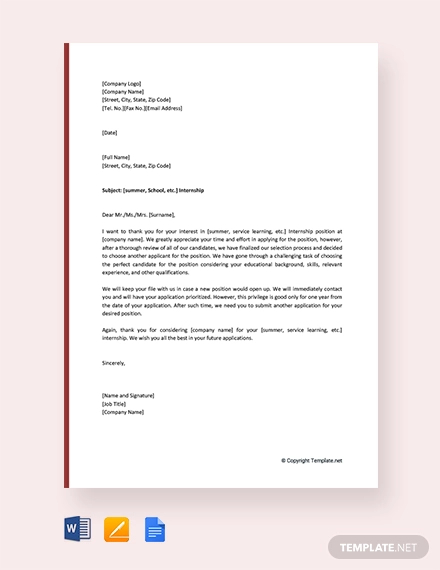 Internship Rejection Letter Templates - 10+ Free Word, PDF Format ...