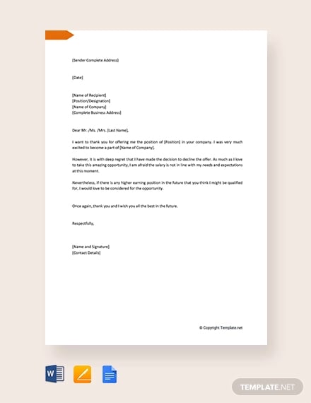free job refusal letter due to salary