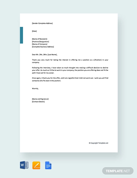 free job refusal letter after interview