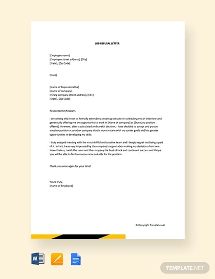 free job refusal letter from employee