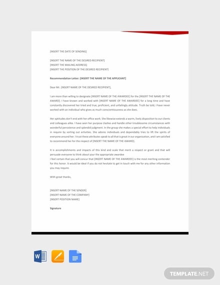 free letter template of recommendation for award