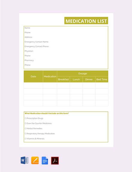 free medication list template