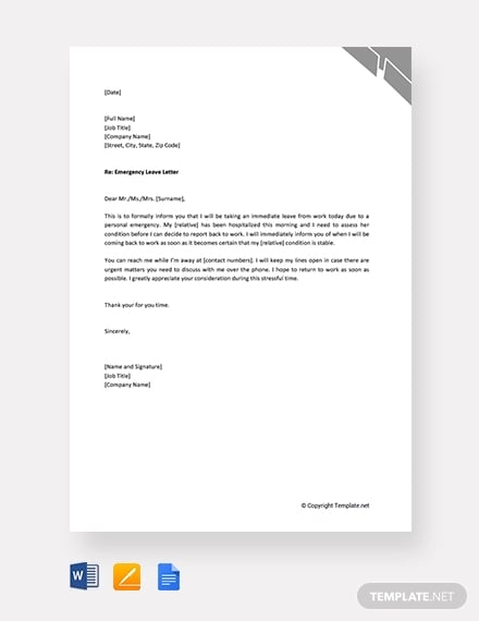 free personal emergency leave letter