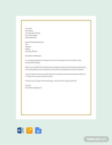 free relocation resignation letter template