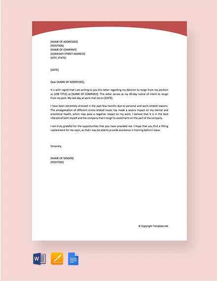 13 Resignation Letter Due To Stress Template Pdf Word Ipages Free Premium Templates