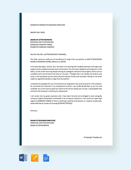 13 Resignation Letter Due To Stress Template Pdf Word Ipages