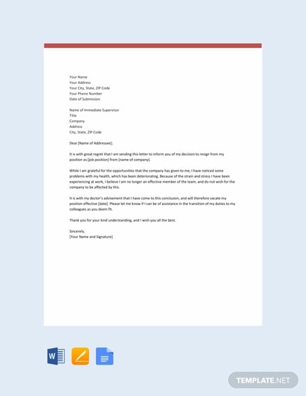 free resignation letter template due to health issues