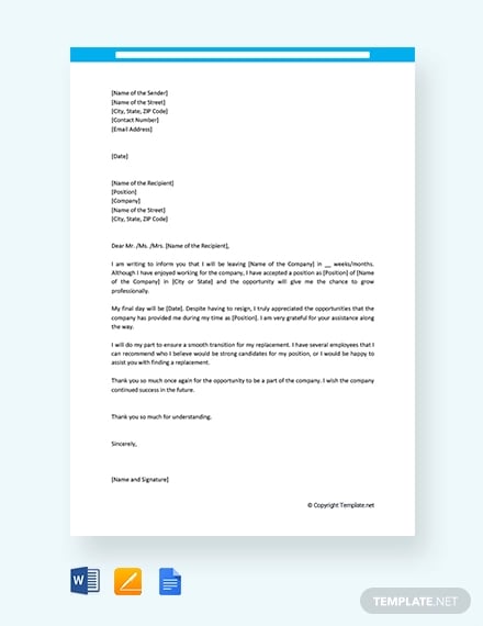 free resignation letter with reason for leaving