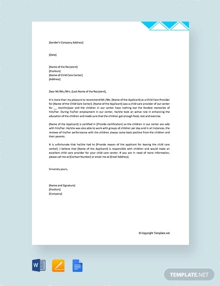 free sample child care reference letter