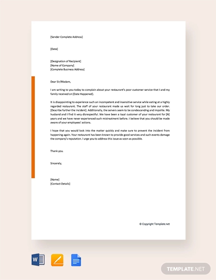 free sample complaint letter for poor customer service