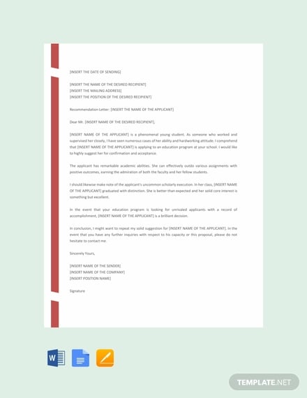 free school recommendation letter template