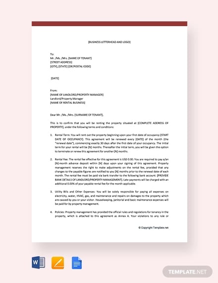 free simple rental agreement letter