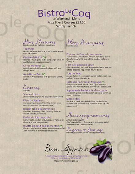 french bistro food menu example