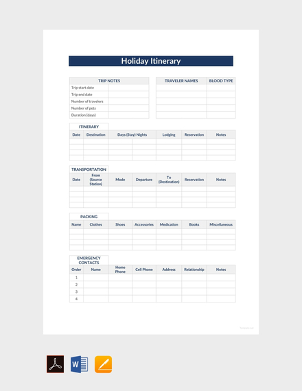 holiday itinerary template