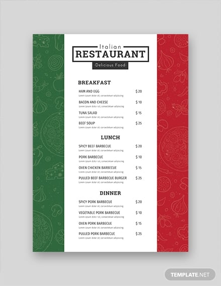 italian restaurant menu template