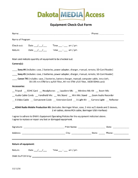 media equipment checkout sheet example