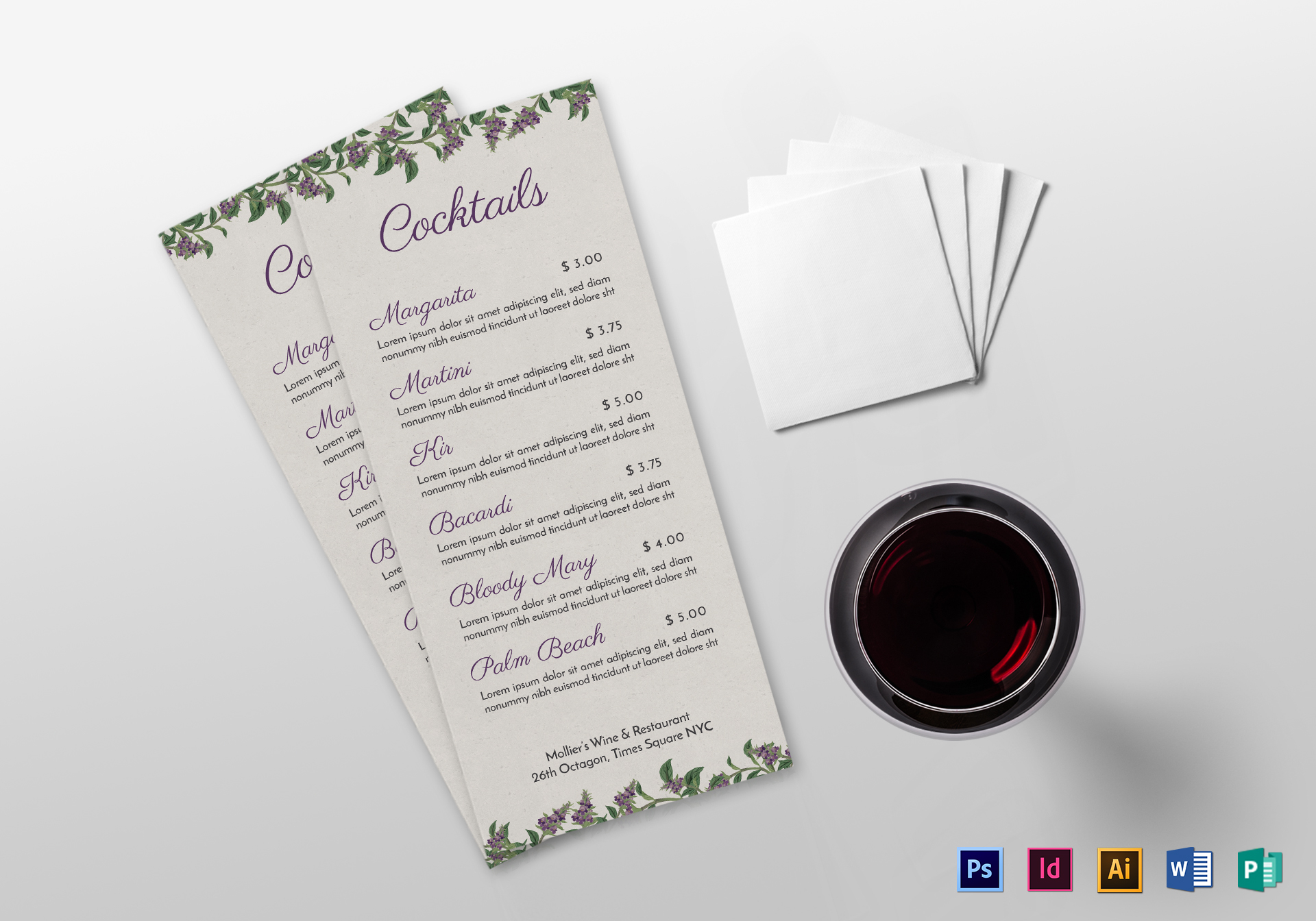 minimal script cocktail menu sample