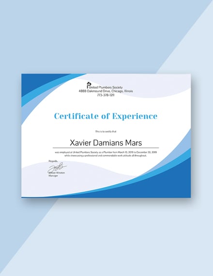 plumbing experience certificate