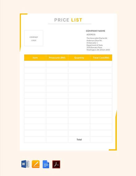 price list template