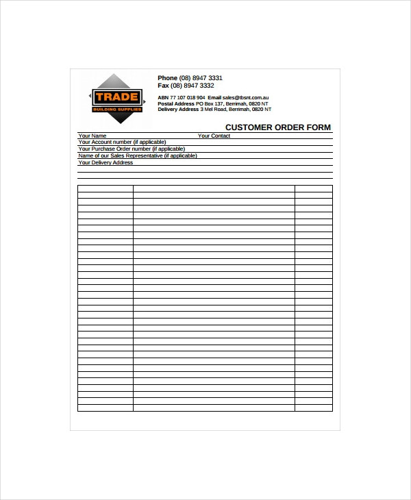 printable customer order form