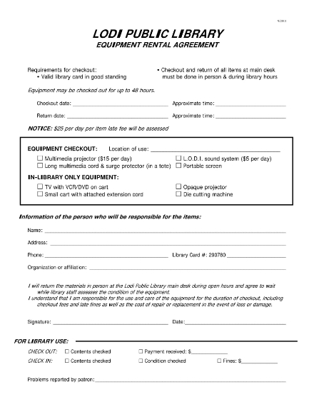 public library equipment checkout sheet