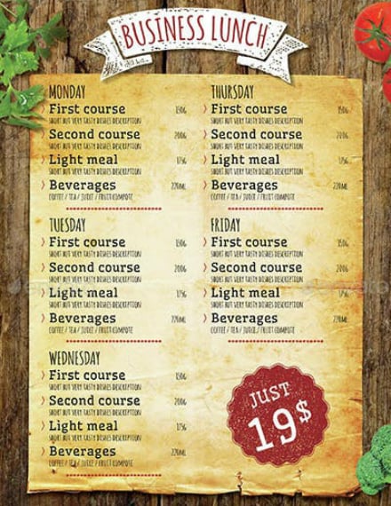 rustic business lunch menu example