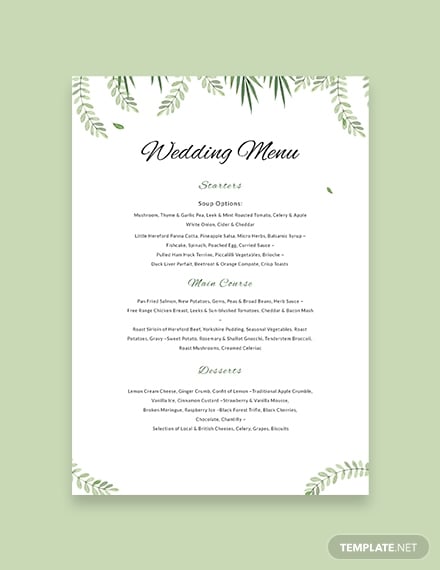 sample wedding menu template