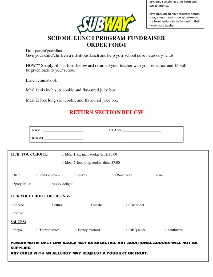 school luch program fundraiser order sample
