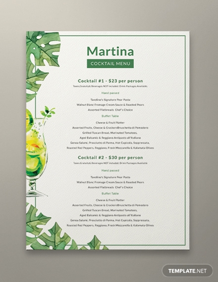 simple martina cocktail menu template