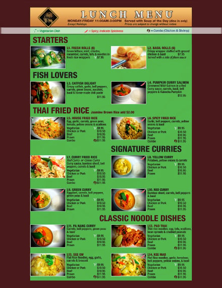 thai food lunch menu format