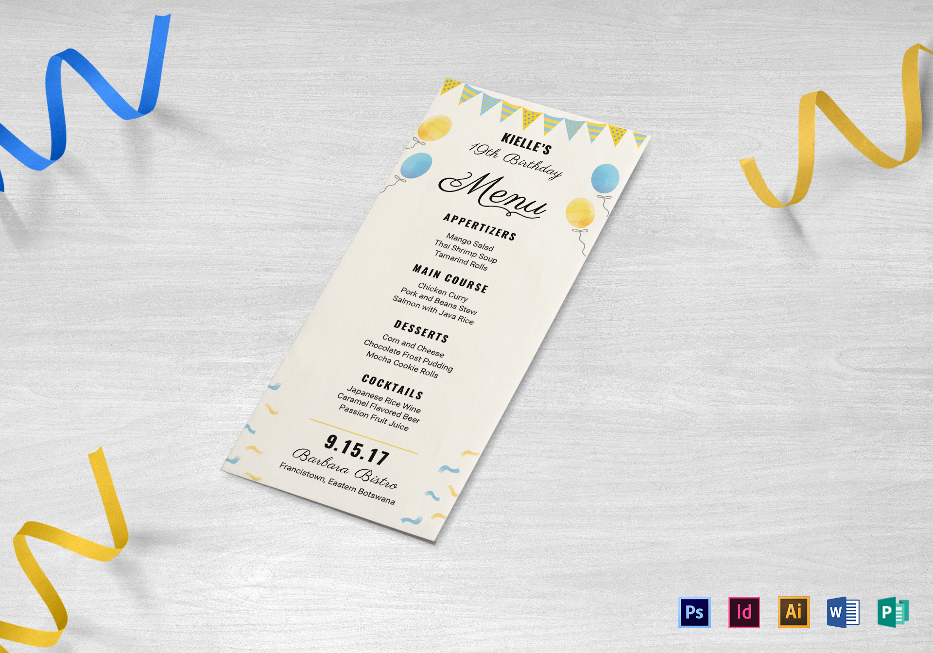 clean birthday party menu template