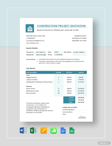 construction project quotation template