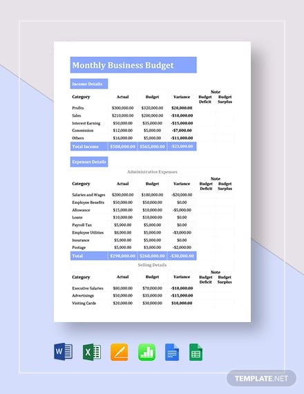 monthly business budget template