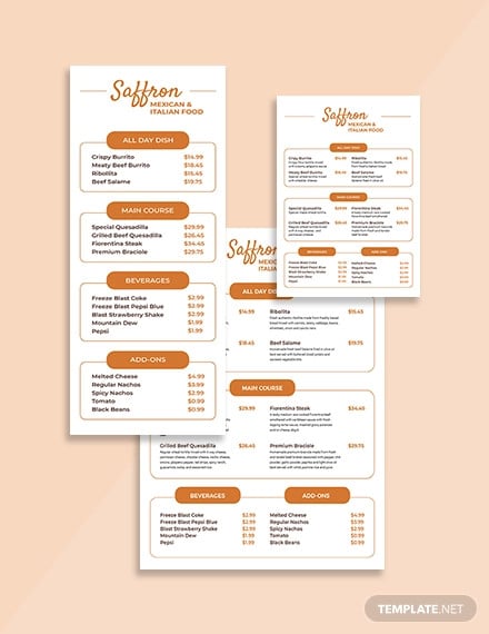 restaurant price menu template