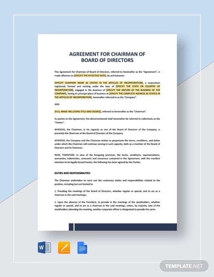 agreement for chairman of board of directors template