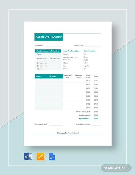 car rental invoice template