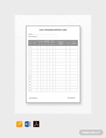 free daily progress report card template