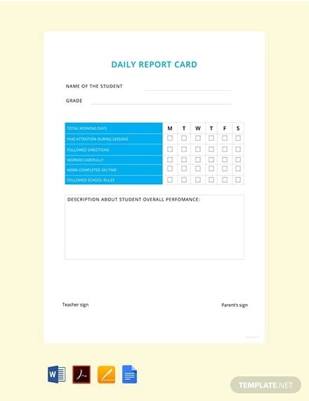 free sample daily report card template