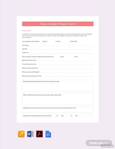 injury incident report form template