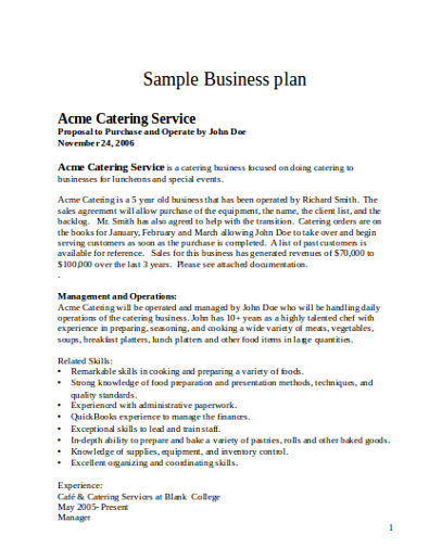 how to write a business plan for a catering service