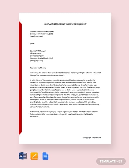complaint letter against an employee misconduct