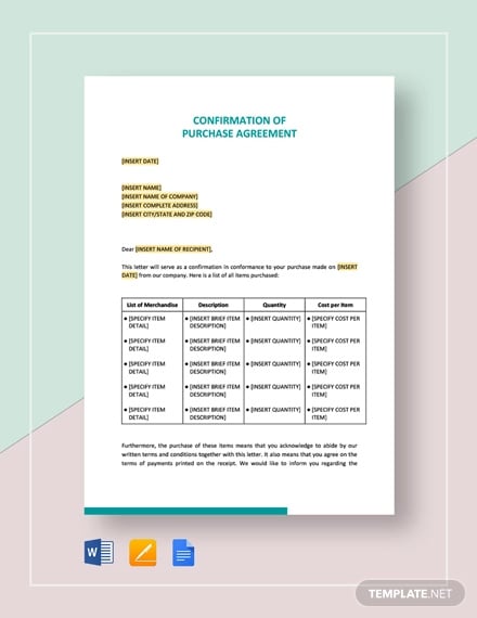 confirmation of purchase agreement template