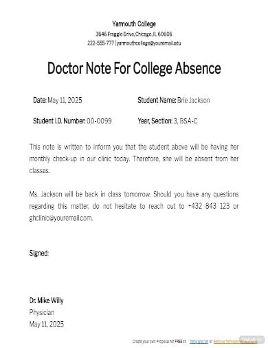 doctors note for college absence template