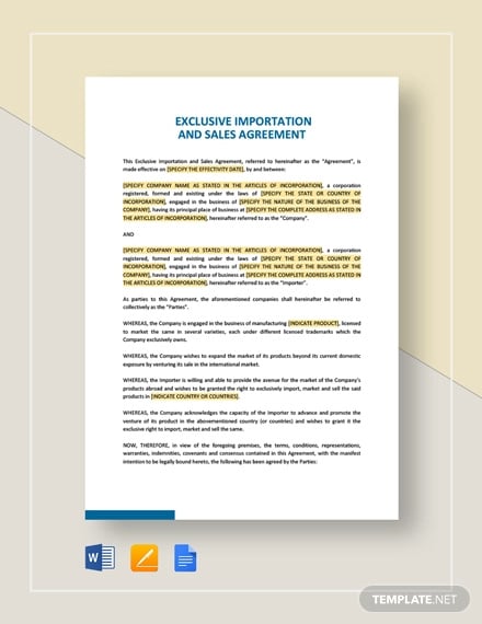 exclusive importation and sales agreement template