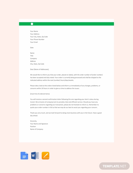free order acknowledgement letter template 440x570