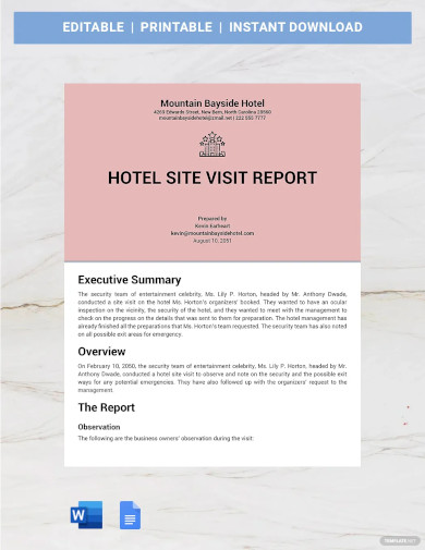 report on hotel visit