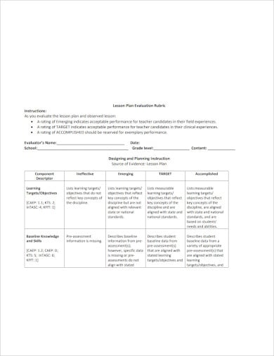 lesson plan evaluation example